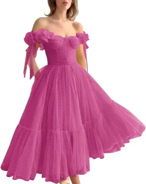 Off Shoulder Tulle Prom Dresses for Women A Line Tea Length Formal Evening Party Gowns for Teens with 3D Flowers