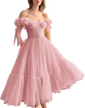 Off Shoulder Tulle Prom Dresses for Women A Line Tea Length Formal Evening Party Gowns for Teens with 3D Flowers