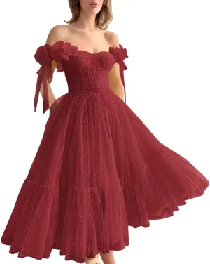 Off Shoulder Tulle Prom Dresses for Women A Line Tea Length Formal Evening Party Gowns for Teens with 3D Flowers