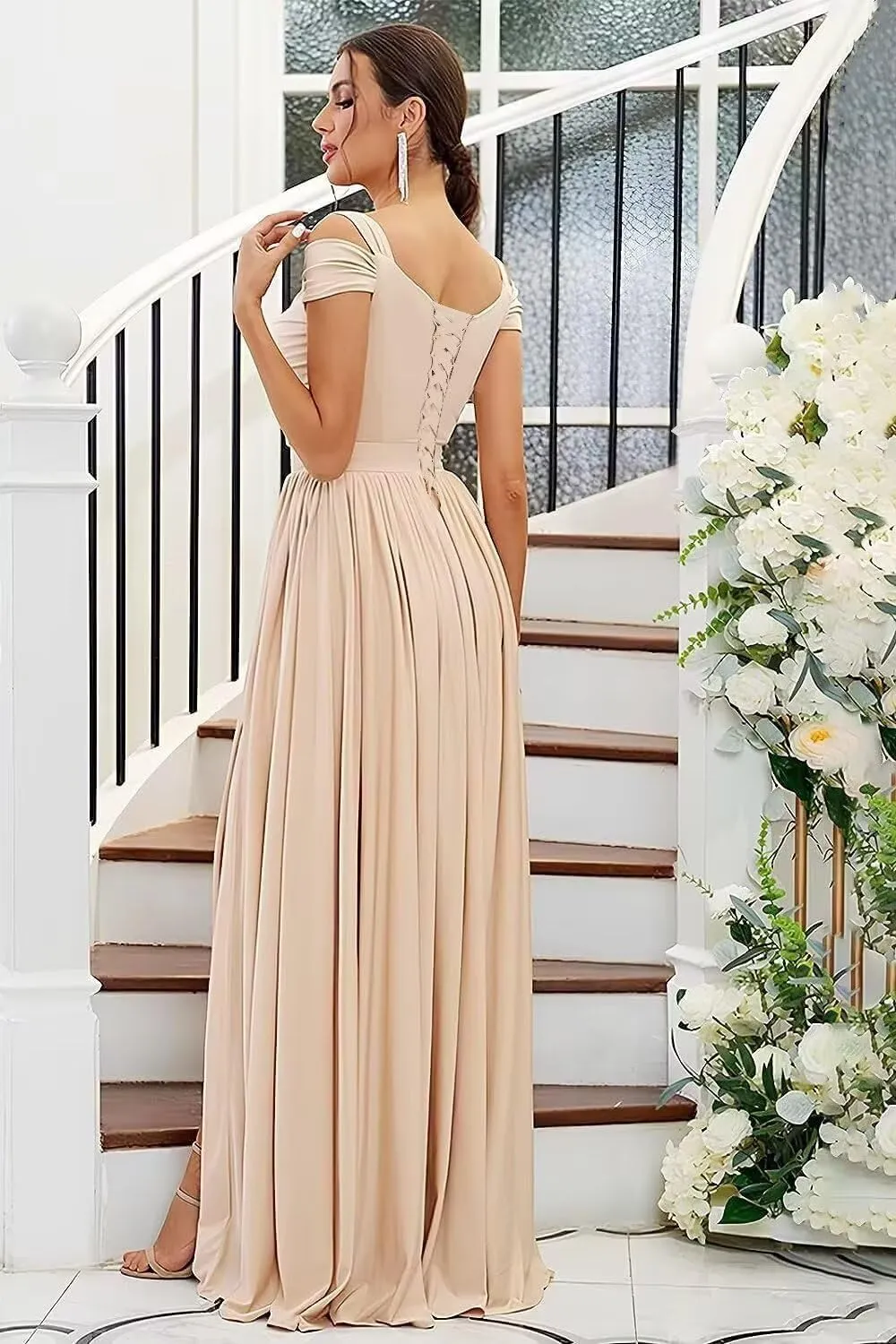 Off The Shoulder Bridesmaid Dresses for Women Chiffon Formal Wedding Guest Dress Long Evening Party Gown with Slit