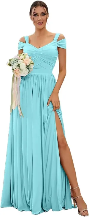 Off The Shoulder Bridesmaid Dresses for Women Chiffon Formal Wedding Guest Dress Long Evening Party Gown with Slit