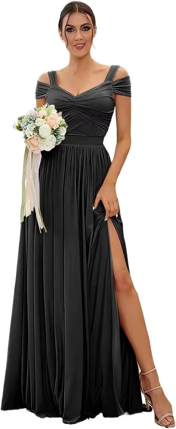 Off The Shoulder Bridesmaid Dresses for Women Chiffon Formal Wedding Guest Dress Long Evening Party Gown with Slit