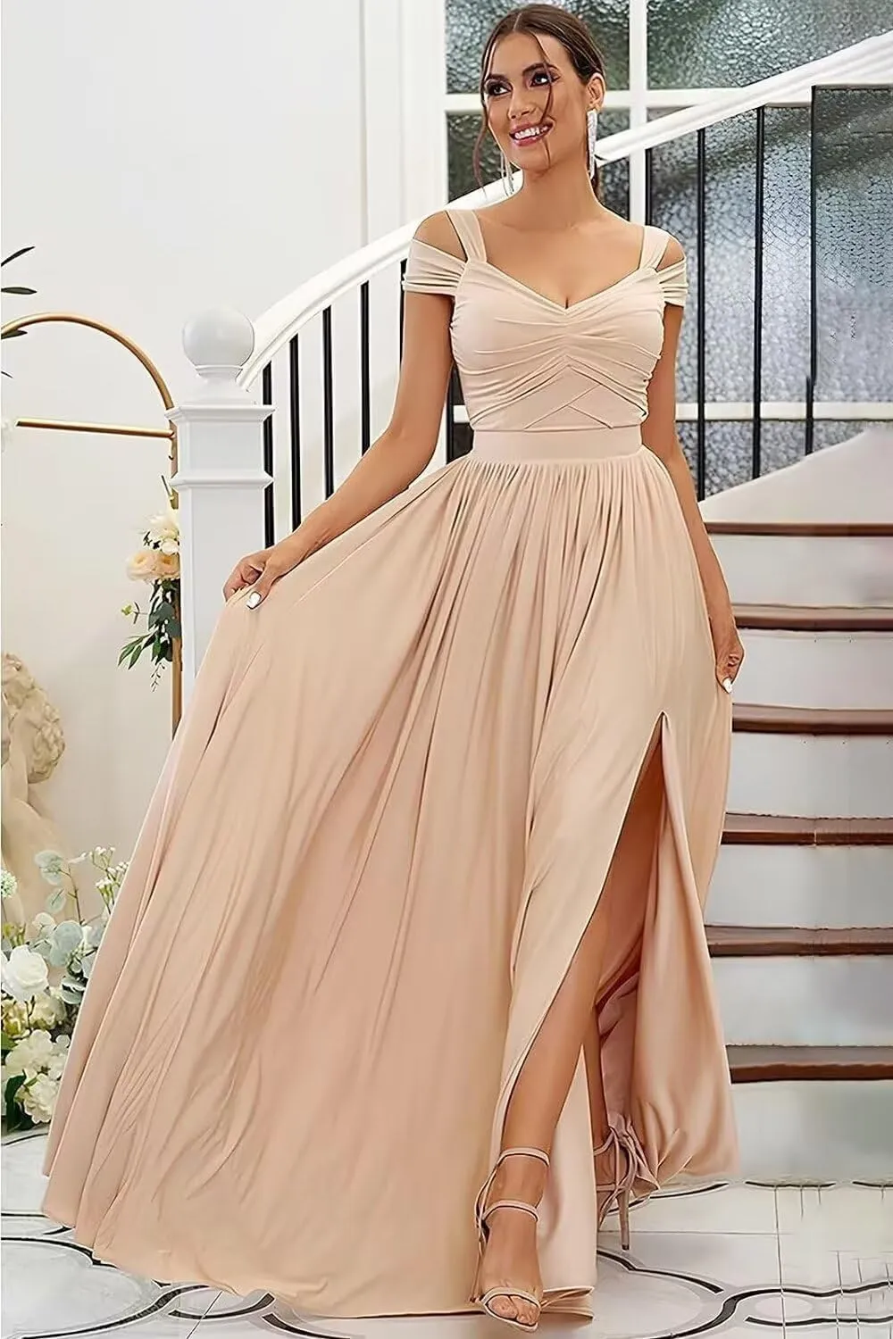 Off The Shoulder Bridesmaid Dresses for Women Chiffon Formal Wedding Guest Dress Long Evening Party Gown with Slit