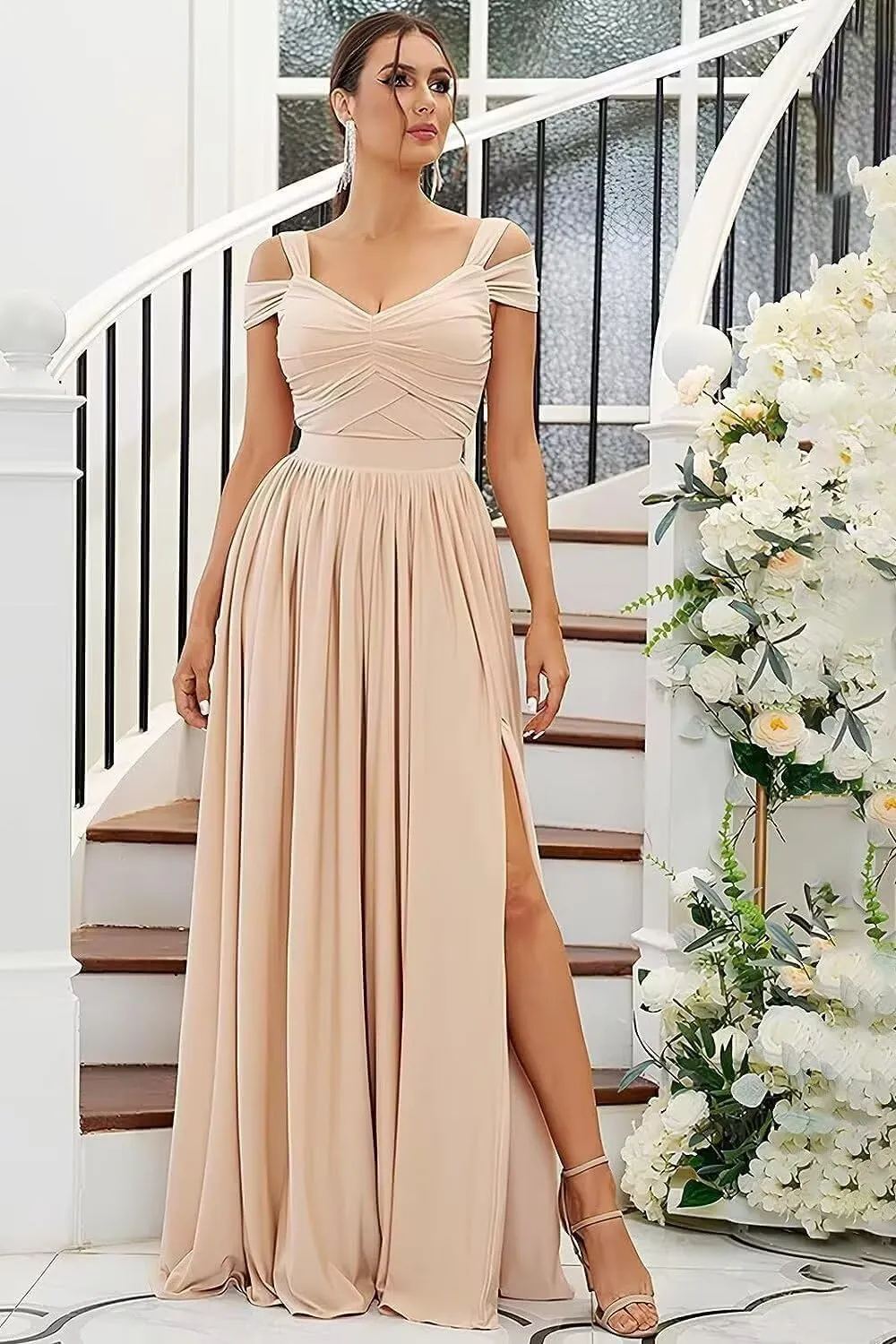 Off The Shoulder Bridesmaid Dresses for Women Chiffon Formal Wedding Guest Dress Long Evening Party Gown with Slit