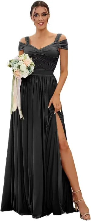 Off The Shoulder Bridesmaid Dresses for Women Chiffon Formal Wedding Guest Dress Long Evening Party Gown with Slit