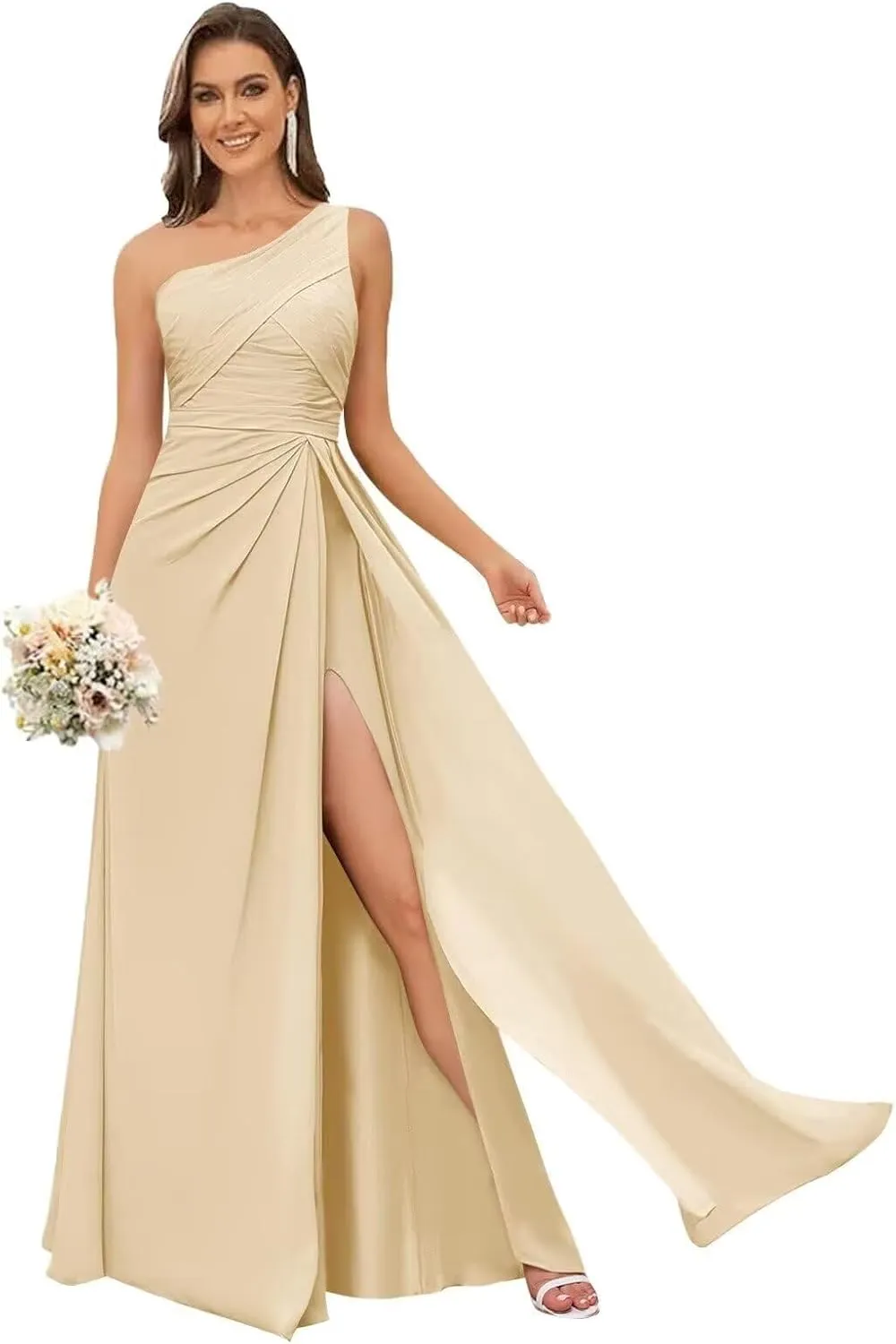 One Shoulder Bridesmaid Dresses for Women Ruched Chiffon A Line Evening Formal Gown with Slit