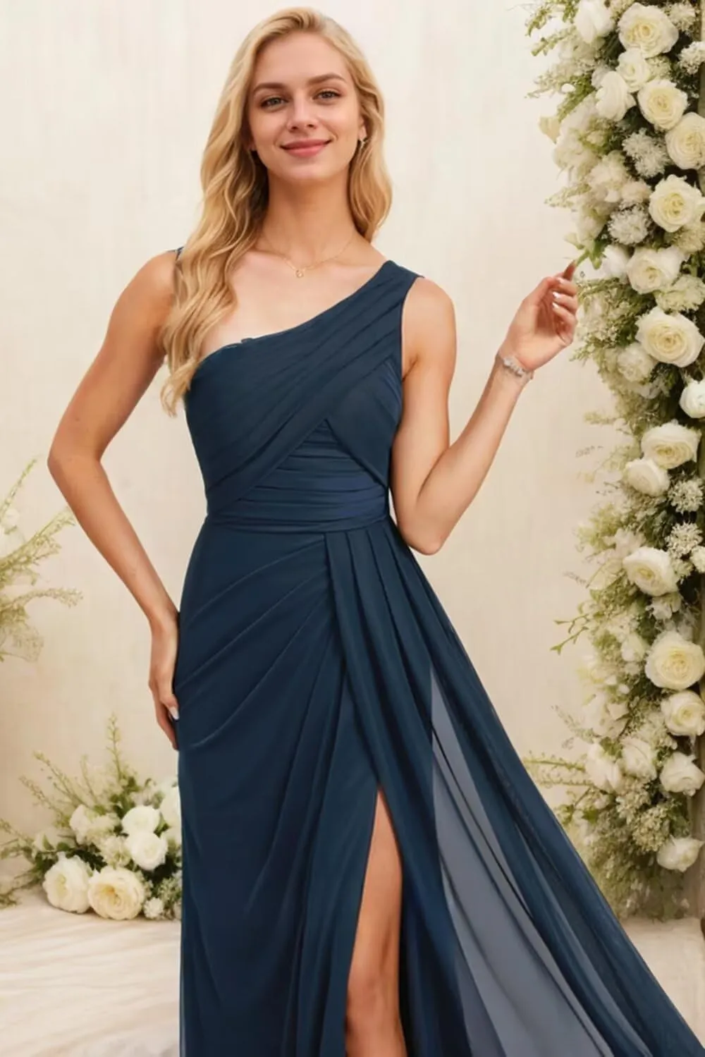 One Shoulder Bridesmaid Dresses for Women Ruched Chiffon A Line Evening Formal Gown with Slit