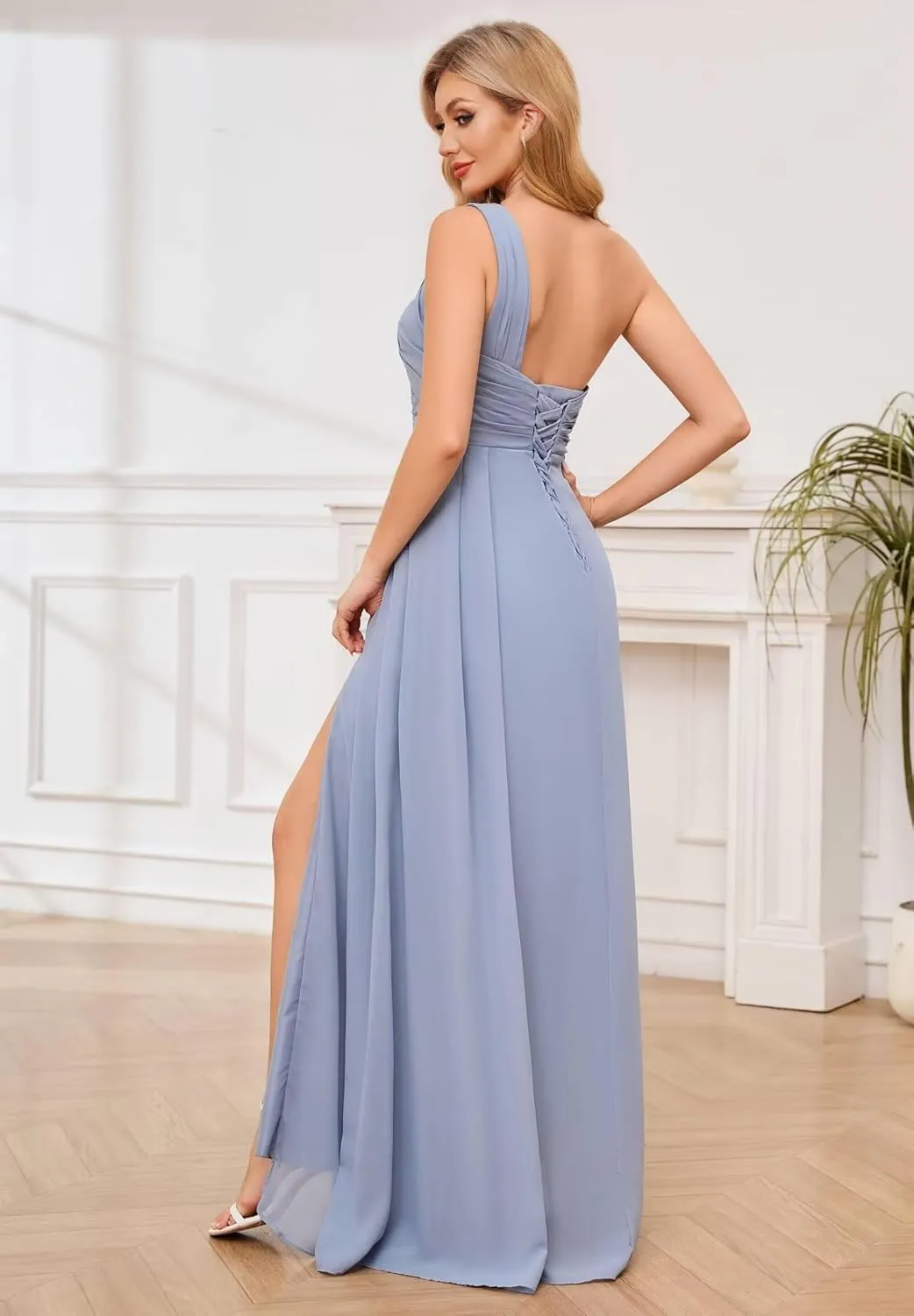 One Shoulder Bridesmaid Dresses for Women Ruched Chiffon A Line Evening Formal Gown with Slit