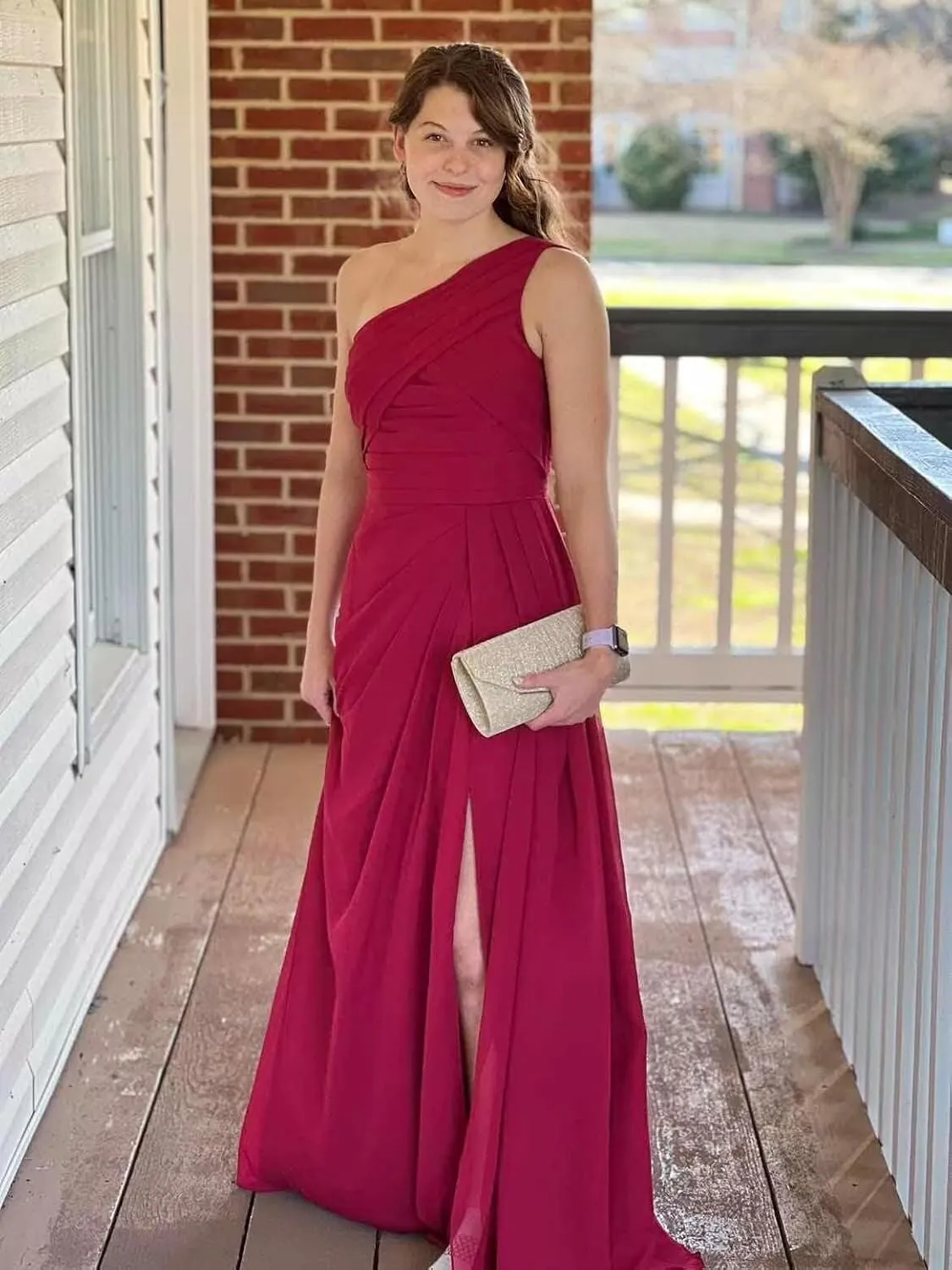 One Shoulder Bridesmaid Dresses for Women Ruched Chiffon A Line Evening Formal Gown with Slit