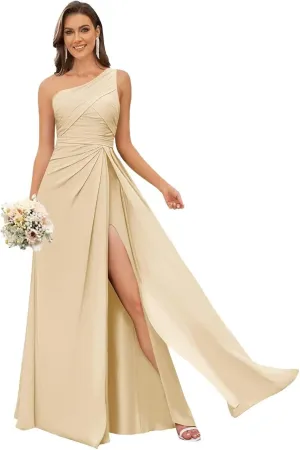 One Shoulder Bridesmaid Dresses for Women Ruched Chiffon A Line Evening Formal Gown with Slit