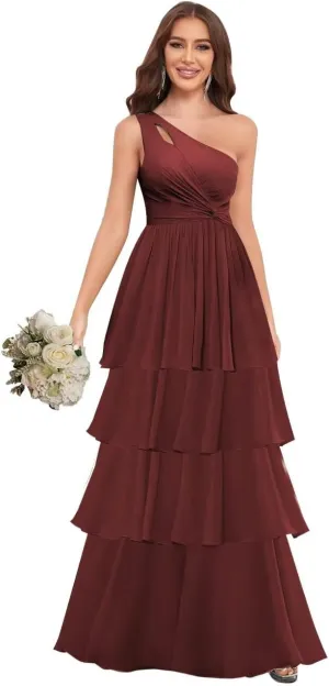 One Shoulder Chiffon Bridesmaid Dresses Layered A Line Ruffle Formal Dresses for Women