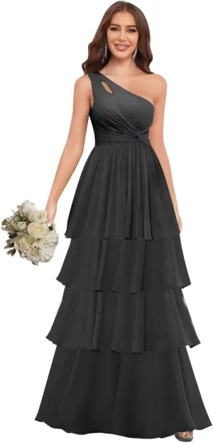 One Shoulder Chiffon Bridesmaid Dresses Layered A Line Ruffle Formal Dresses for Women
