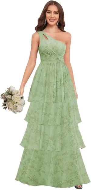 One Shoulder Chiffon Bridesmaid Dresses Layered A Line Ruffle Formal Dresses for Women