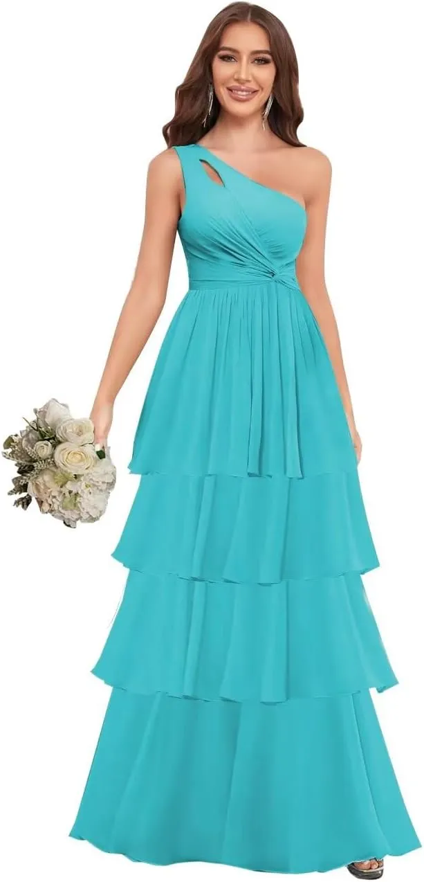 One Shoulder Chiffon Bridesmaid Dresses Layered A Line Ruffle Formal Dresses for Women