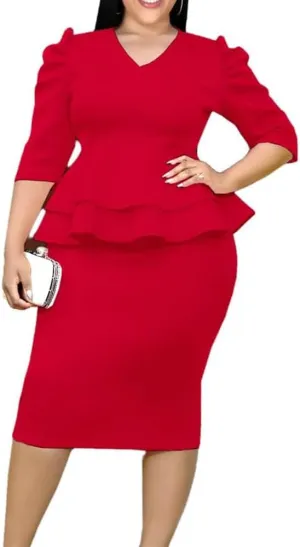 ONTINVA Women V-Neck Plus Size Peplum Dress Church Wear to Work Bodycon Short Sleeve Midi Dresses