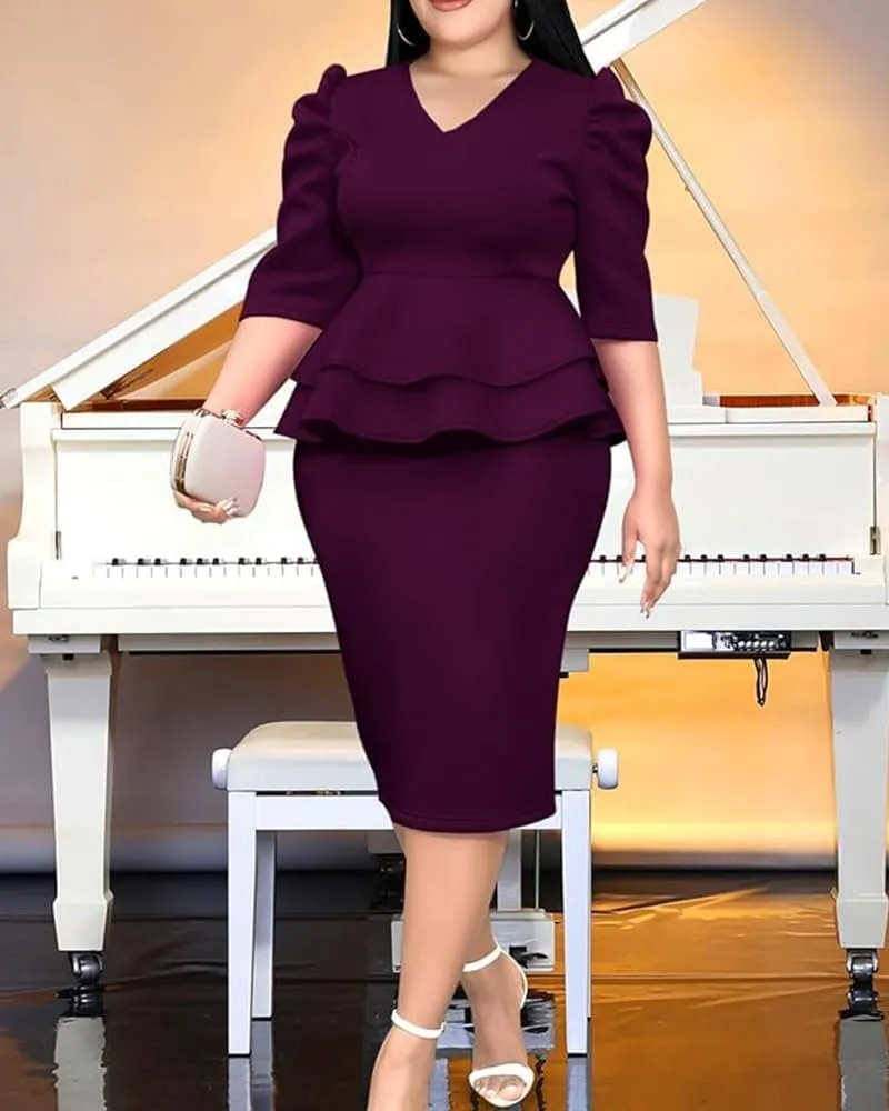 ONTINVA Women V-Neck Plus Size Peplum Dress Church Wear to Work Bodycon Short Sleeve Midi Dresses