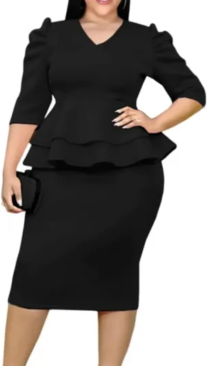ONTINVA Women V-Neck Plus Size Peplum Dress Church Wear to Work Bodycon Short Sleeve Midi Dresses