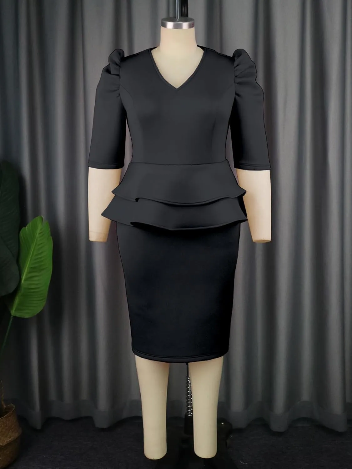 ONTINVA Women V-Neck Plus Size Peplum Dress Church Wear to Work Bodycon Short Sleeve Midi Dresses
