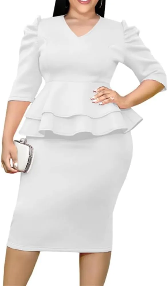 ONTINVA Women V-Neck Plus Size Peplum Dress Church Wear to Work Bodycon Short Sleeve Midi Dresses