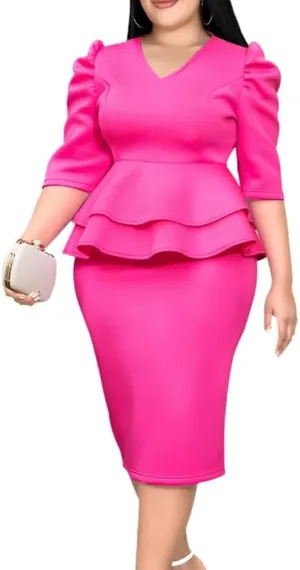 ONTINVA Women V-Neck Plus Size Peplum Dress Church Wear to Work Bodycon Short Sleeve Midi Dresses