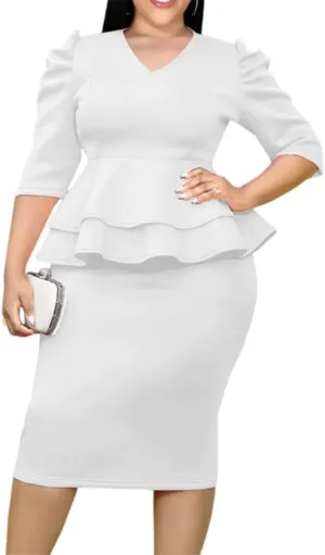 ONTINVA Women V-Neck Plus Size Peplum Dress Church Wear to Work Bodycon Short Sleeve Midi Dresses