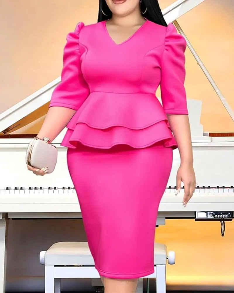 ONTINVA Women V-Neck Plus Size Peplum Dress Church Wear to Work Bodycon Short Sleeve Midi Dresses