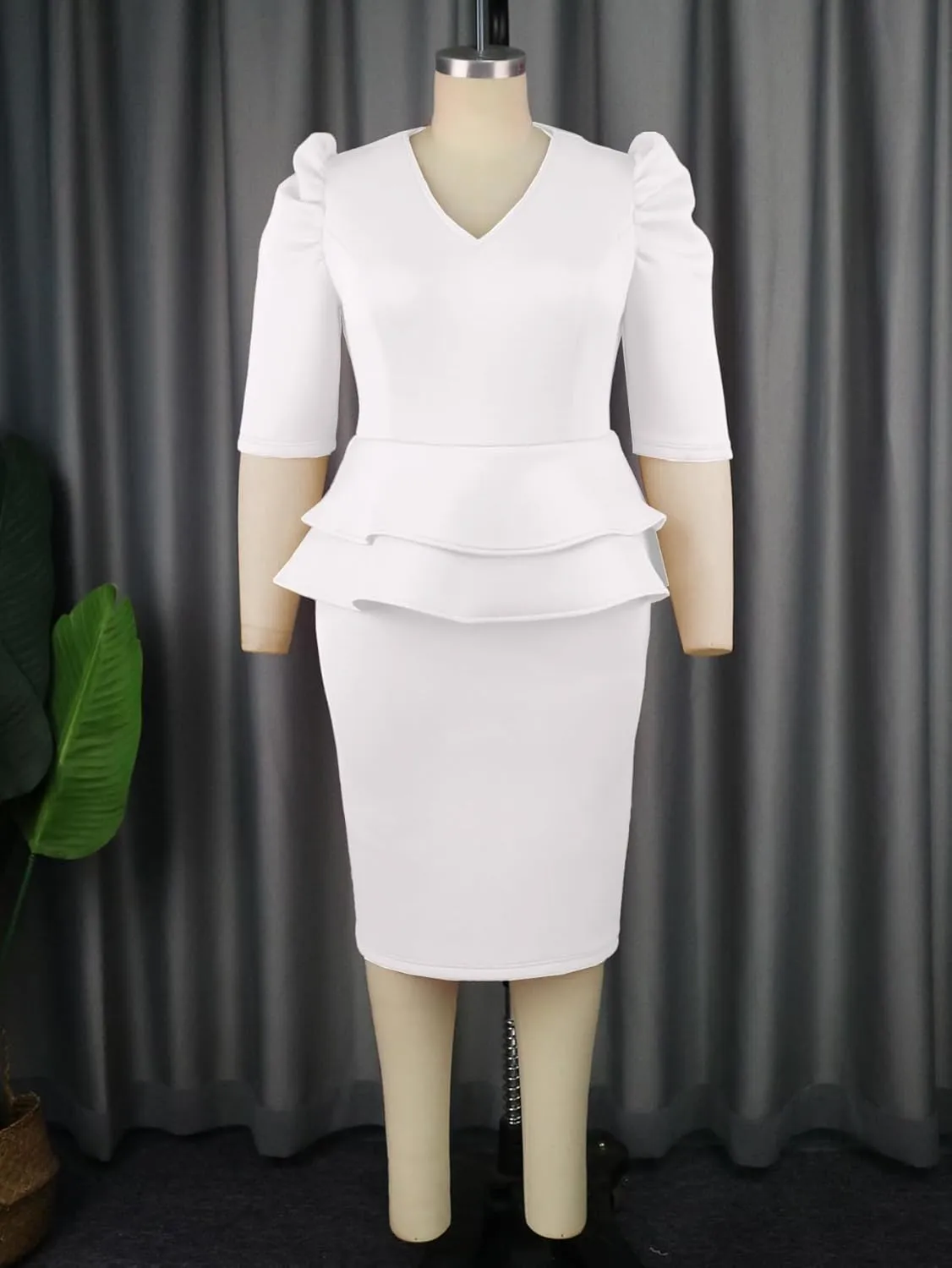 ONTINVA Women V-Neck Plus Size Peplum Dress Church Wear to Work Bodycon Short Sleeve Midi Dresses