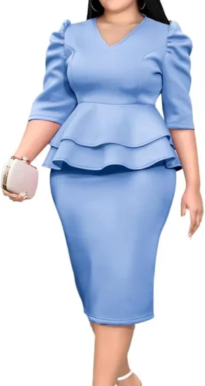 ONTINVA Women V-Neck Plus Size Peplum Dress Church Wear to Work Bodycon Short Sleeve Midi Dresses