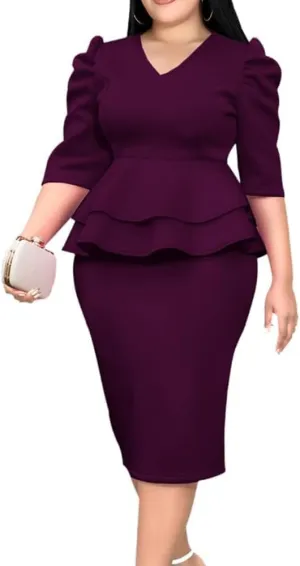 ONTINVA Women V-Neck Plus Size Peplum Dress Church Wear to Work Bodycon Short Sleeve Midi Dresses
