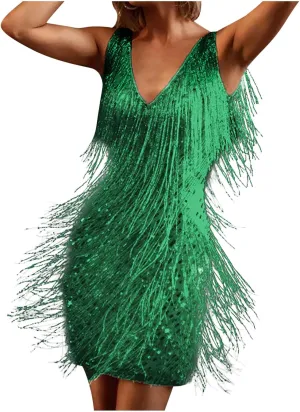 Oplxuo Cocktail Dresses for Women Sexy Deep V-Neck All-Over Fringe Spaghetti Straps Dress Sequins Feather Prom Party Dress