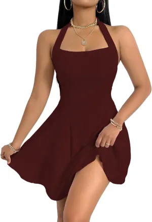 PerZeal Women's 2025 Summer Dress Sleeveless Halter Neck Sundress Backless Flared Short Mini Beach Dress