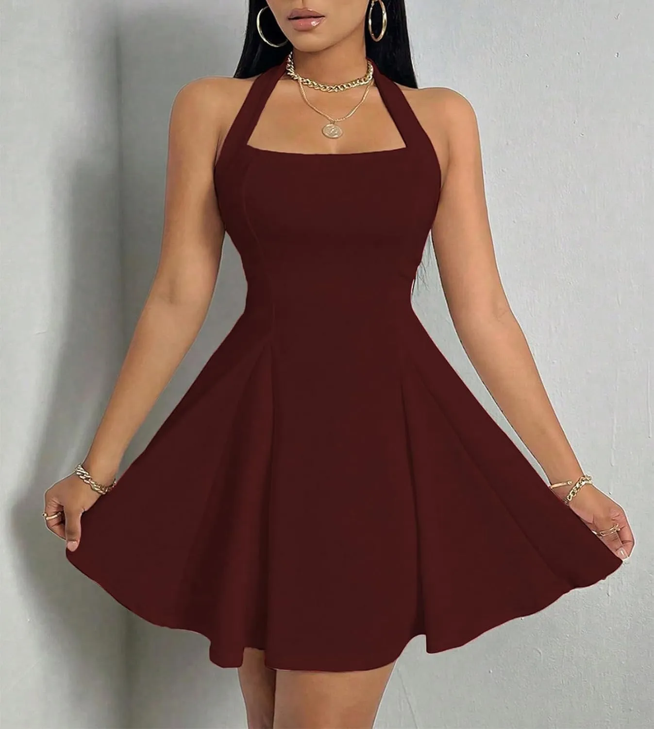 PerZeal Women's 2025 Summer Dress Sleeveless Halter Neck Sundress Backless Flared Short Mini Beach Dress