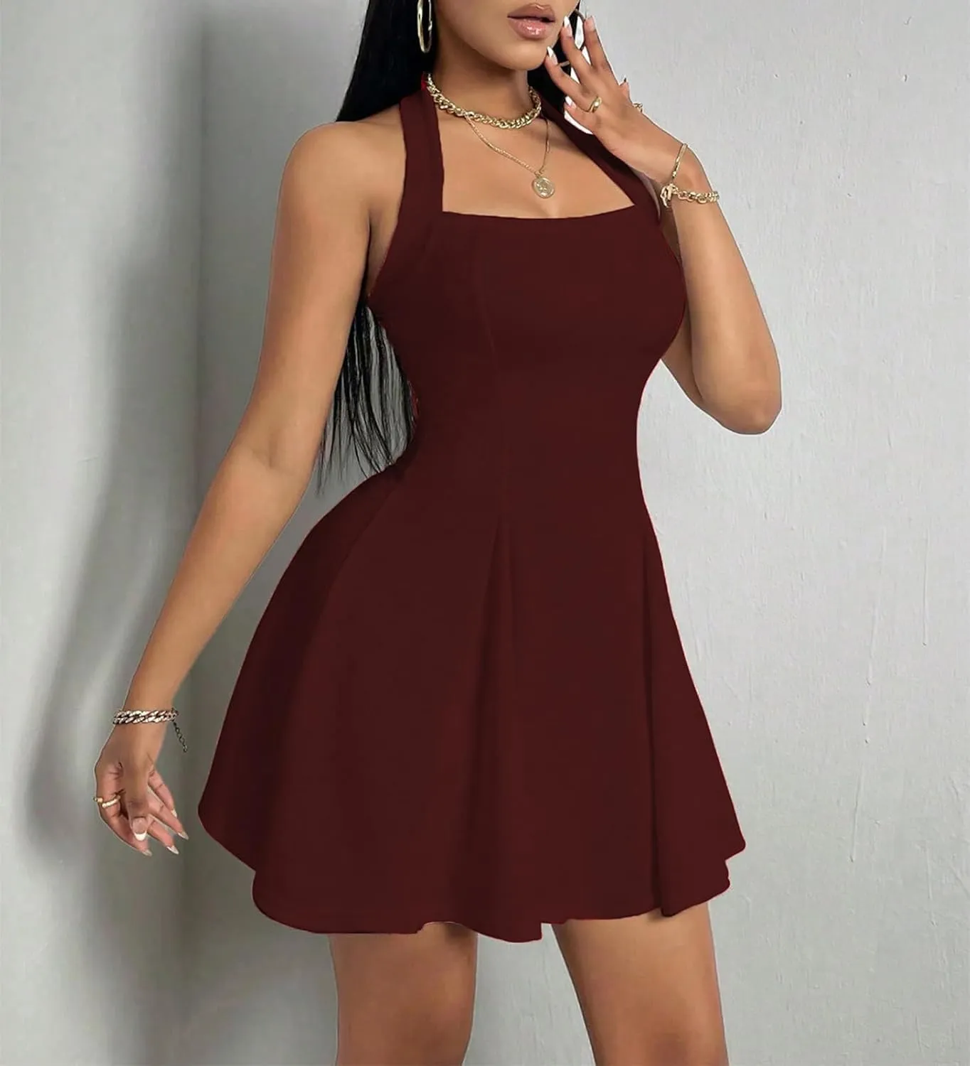 PerZeal Women's 2025 Summer Dress Sleeveless Halter Neck Sundress Backless Flared Short Mini Beach Dress