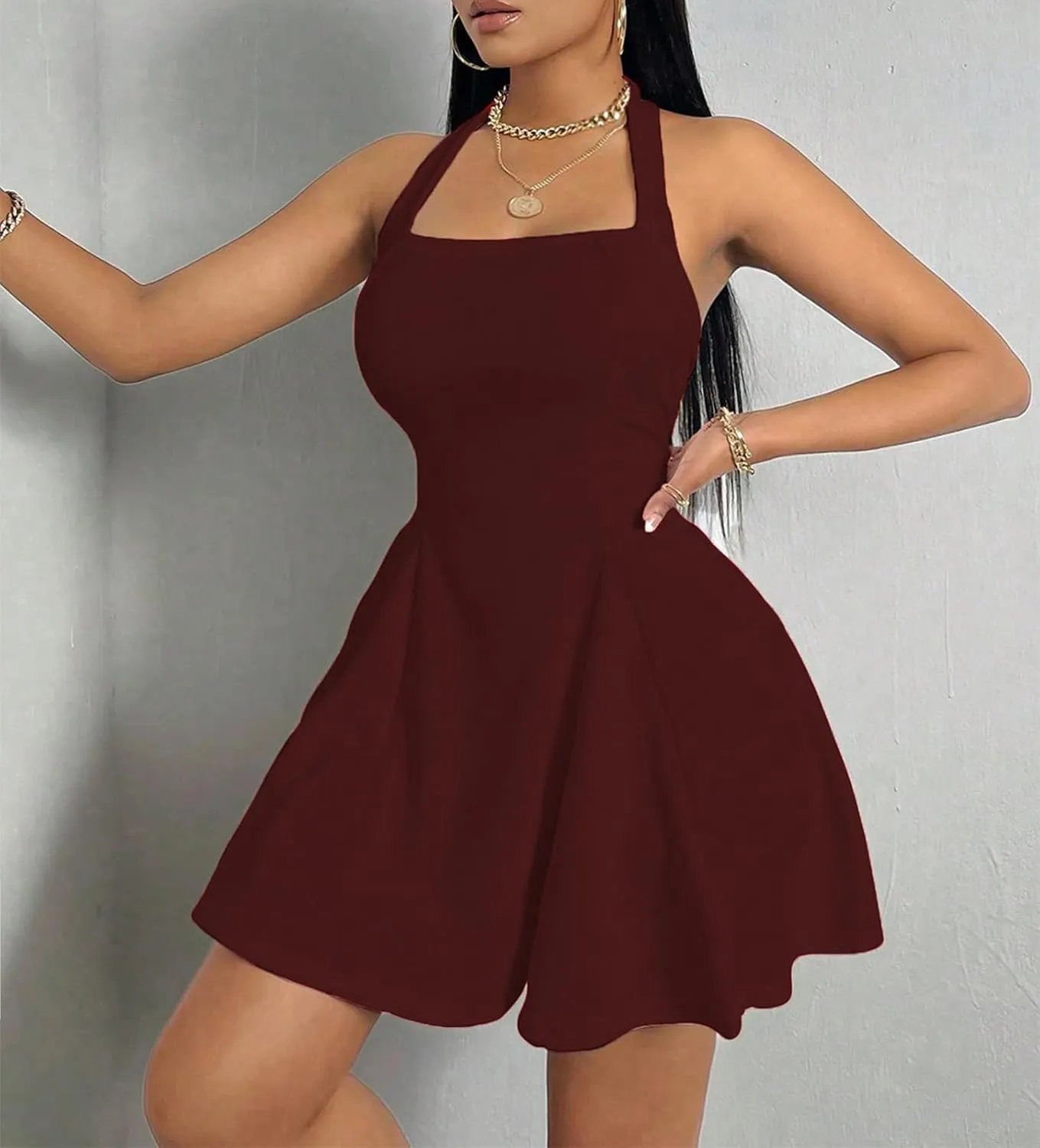 PerZeal Women's 2025 Summer Dress Sleeveless Halter Neck Sundress Backless Flared Short Mini Beach Dress
