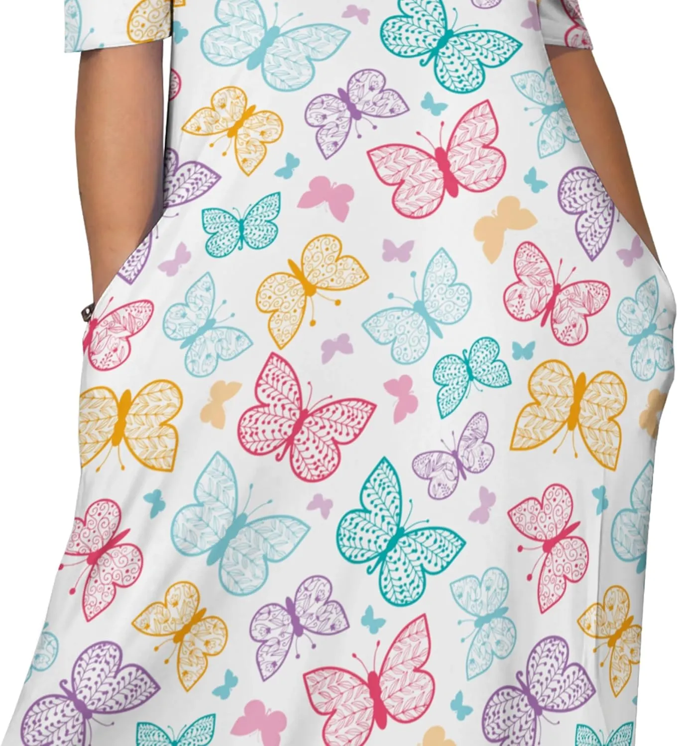 Plue Size for Women Summer Floral Print V Neck Butterfly Printing Maxi Dresses 3/4 Sleeve Long Sundress with Pockets