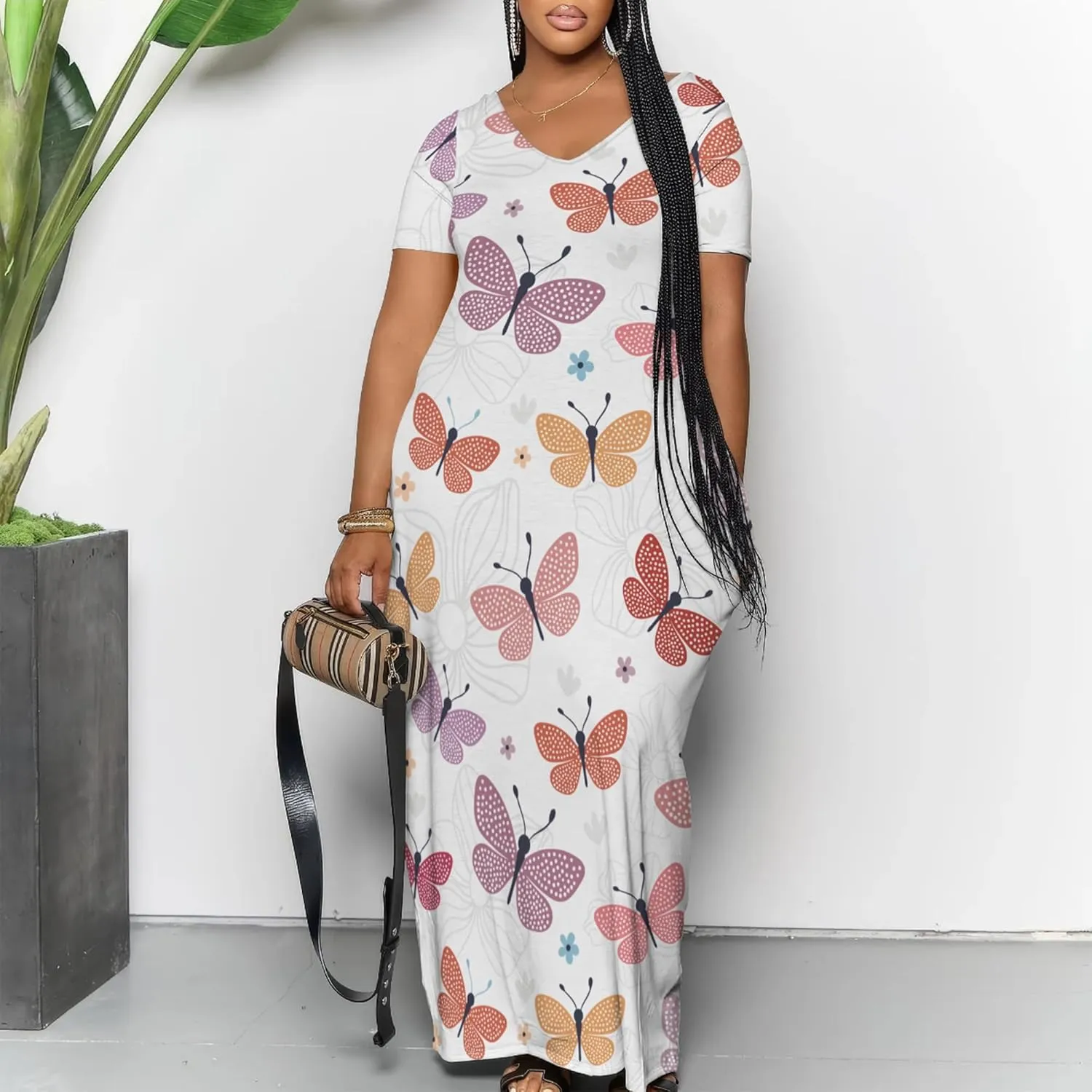 Plue Size for Women Summer Floral Print V Neck Butterfly Printing Maxi Dresses 3/4 Sleeve Long Sundress with Pockets