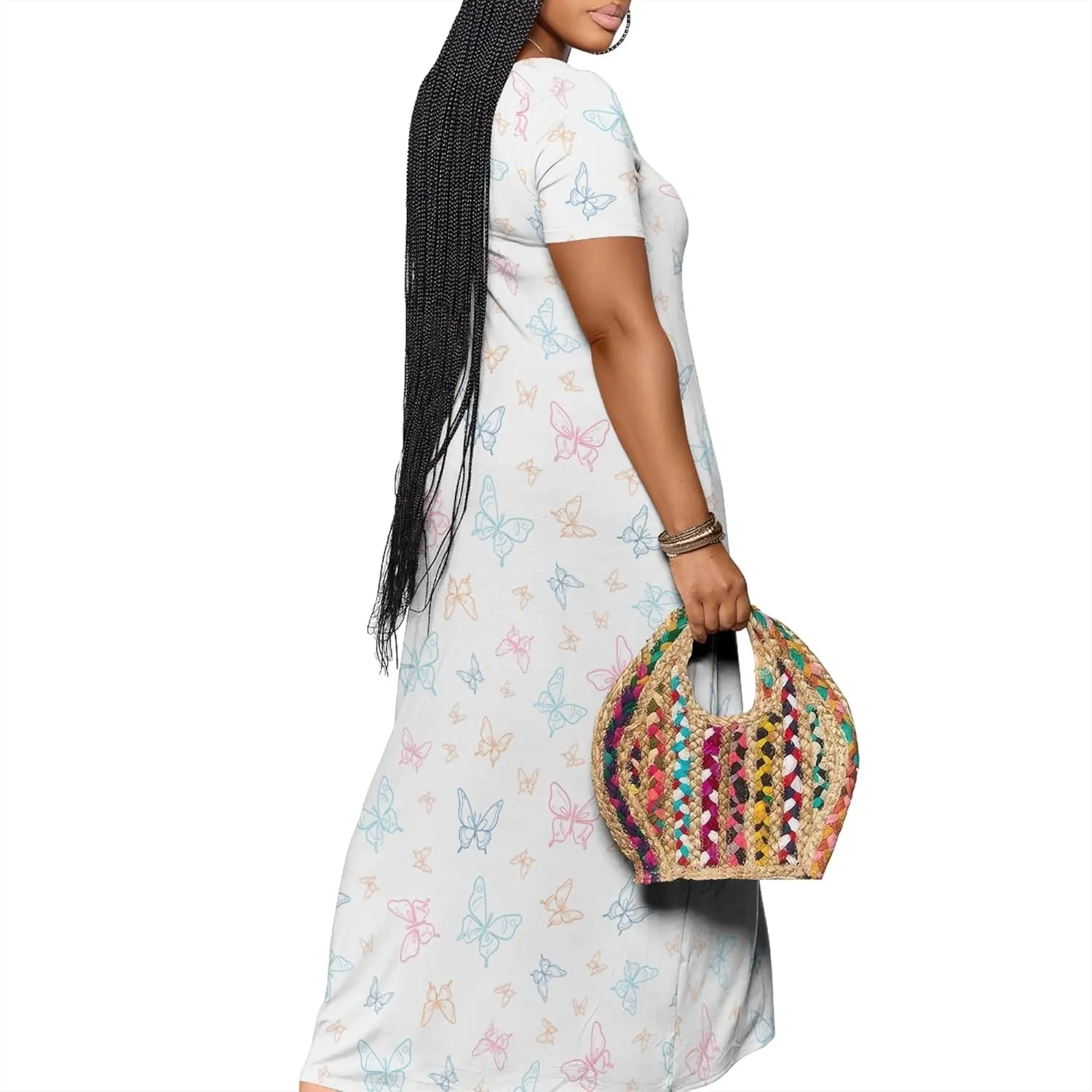Plue Size for Women Summer Floral Print V Neck Butterfly Printing Maxi Dresses 3/4 Sleeve Long Sundress with Pockets