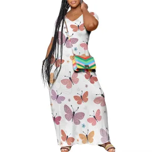 Plue Size for Women Summer Floral Print V Neck Butterfly Printing Maxi Dresses 3/4 Sleeve Long Sundress with Pockets