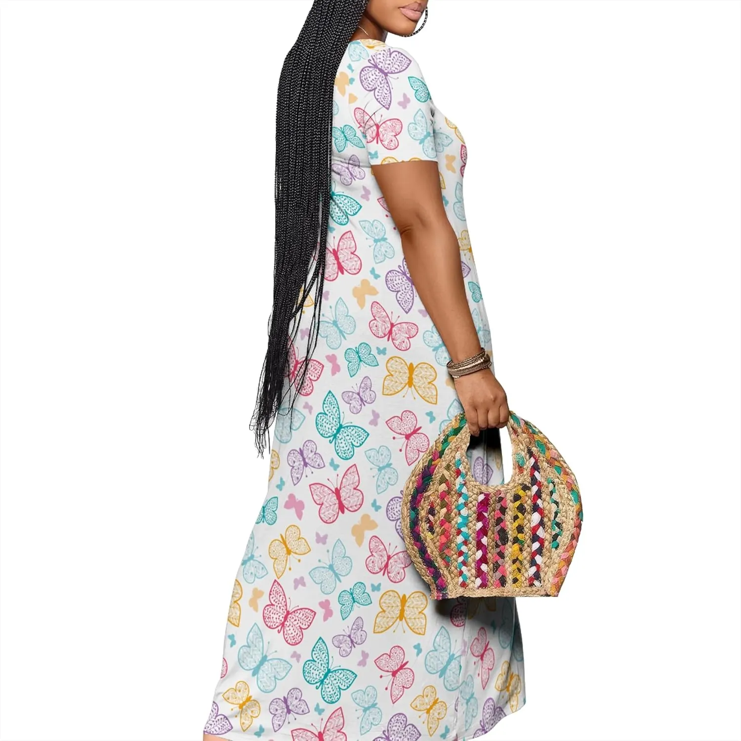 Plue Size for Women Summer Floral Print V Neck Butterfly Printing Maxi Dresses 3/4 Sleeve Long Sundress with Pockets