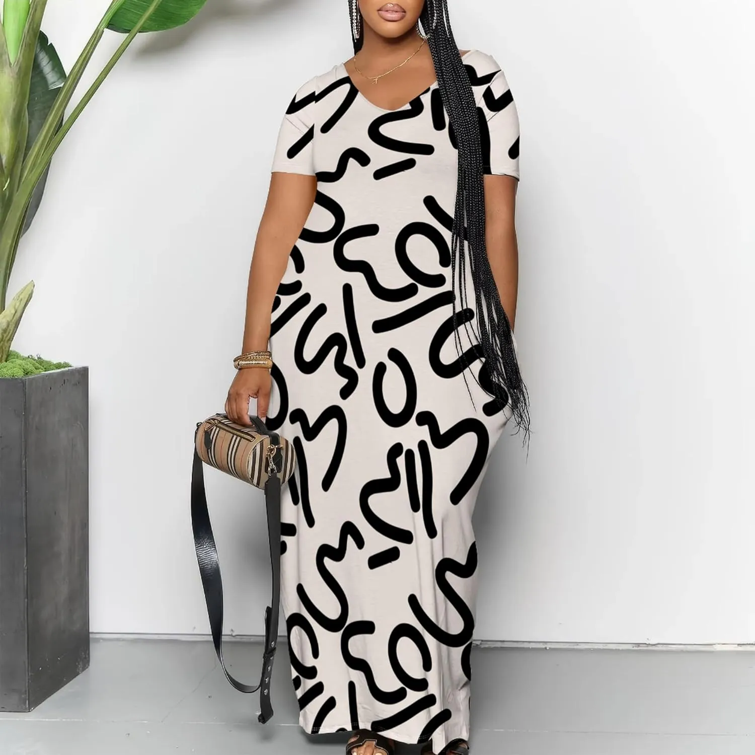 Plue Size for Women Summer Floral Print V Neck Butterfly Printing Maxi Dresses 3/4 Sleeve Long Sundress with Pockets
