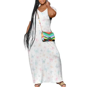 Plue Size for Women Summer Floral Print V Neck Butterfly Printing Maxi Dresses 3/4 Sleeve Long Sundress with Pockets