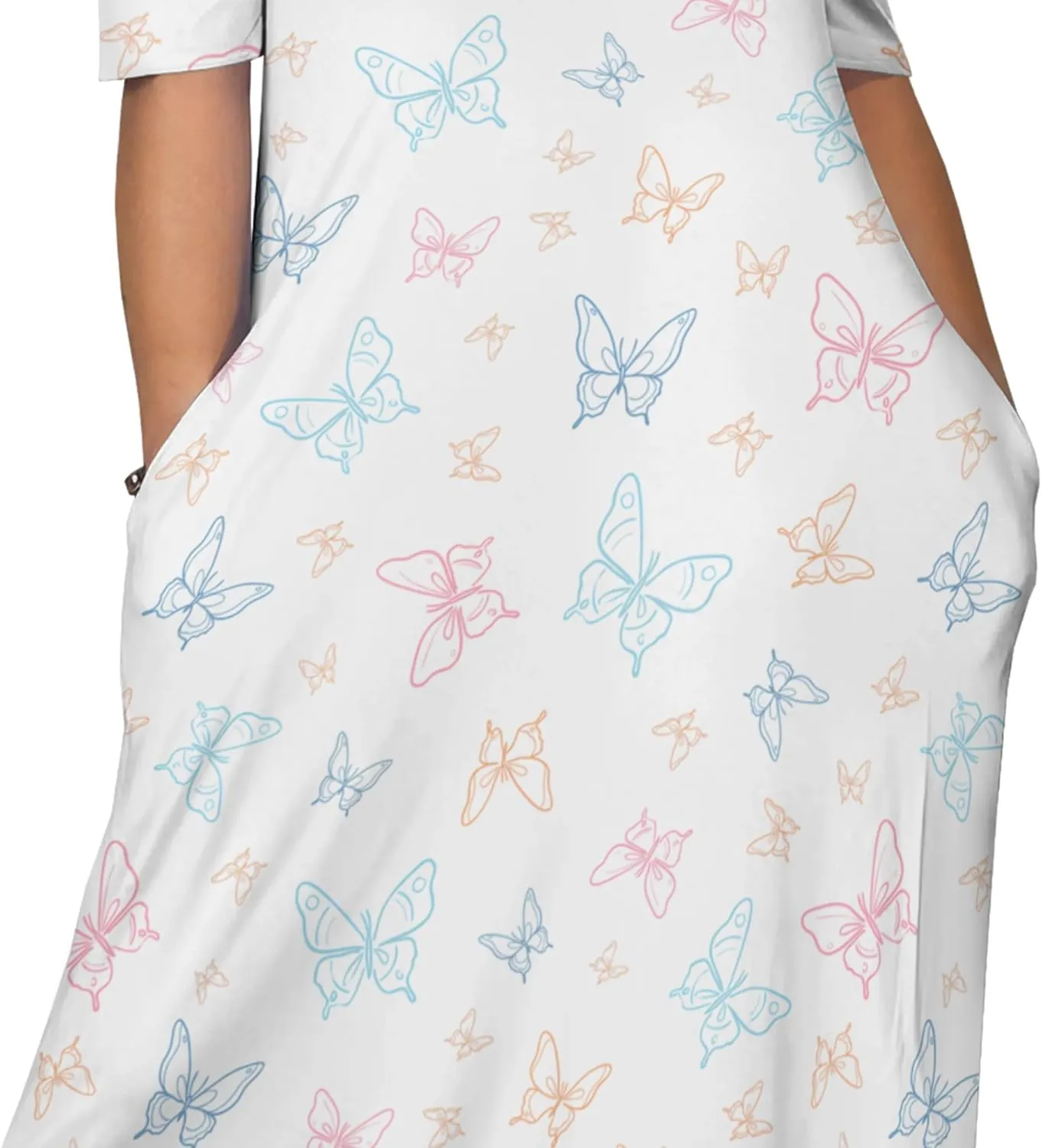 Plue Size for Women Summer Floral Print V Neck Butterfly Printing Maxi Dresses 3/4 Sleeve Long Sundress with Pockets