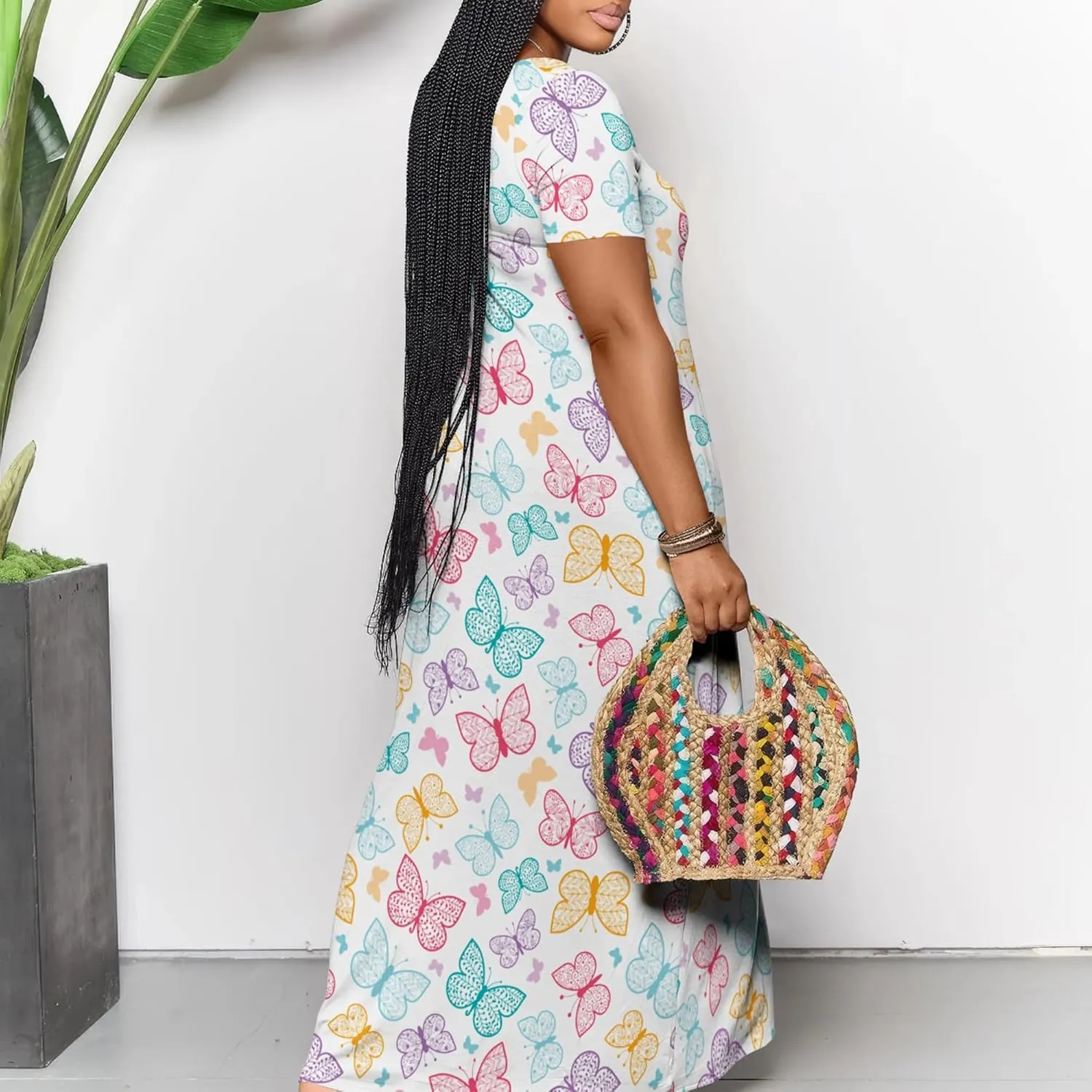 Plue Size for Women Summer Floral Print V Neck Butterfly Printing Maxi Dresses 3/4 Sleeve Long Sundress with Pockets
