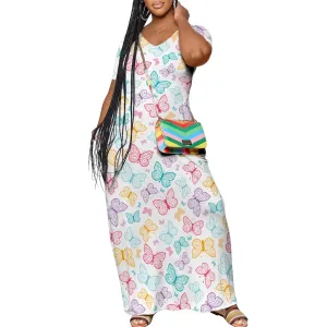 Plue Size for Women Summer Floral Print V Neck Butterfly Printing Maxi Dresses 3/4 Sleeve Long Sundress with Pockets