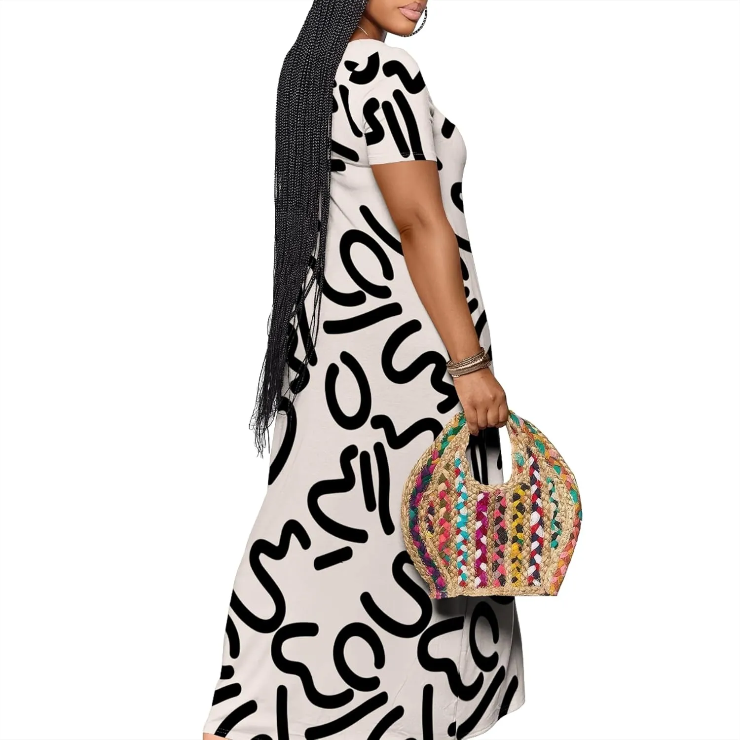 Plue Size for Women Summer Floral Print V Neck Butterfly Printing Maxi Dresses 3/4 Sleeve Long Sundress with Pockets