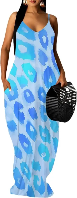 Plus Size Dress for Women 2024 Casual Sleeveless Sundress Loose Spaghetti Strap Long Summer Beach Maxi Dress with Pockets