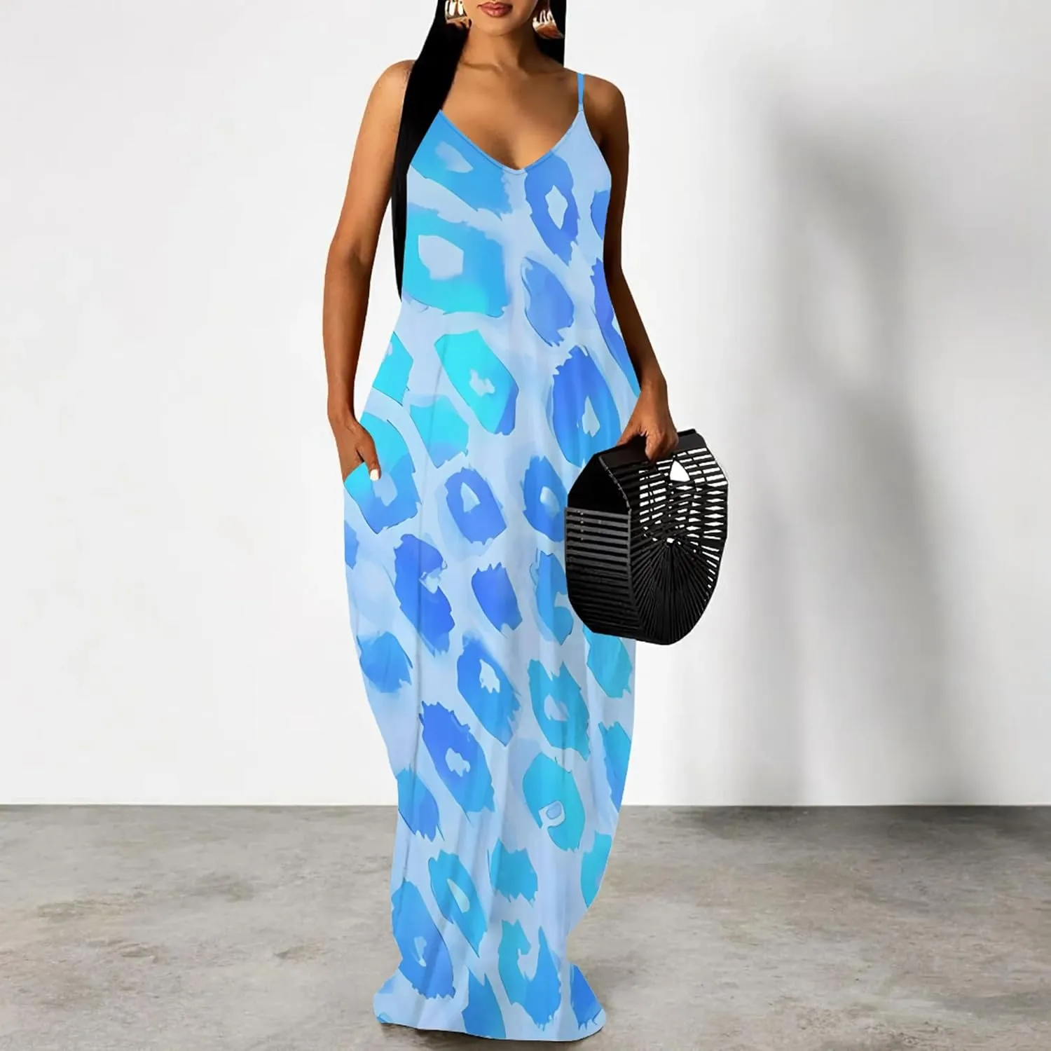 Plus Size Dress for Women 2024 Casual Sleeveless Sundress Loose Spaghetti Strap Long Summer Beach Maxi Dress with Pockets