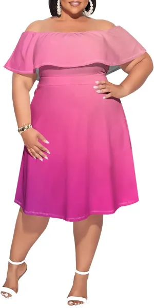 Plus Size Dresses for Curvy Women 2024 Summer One Shoulder Fade Color Short Sleeve Sexy Midi Dress