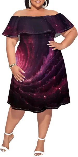 Plus Size Dresses for Curvy Women 2024 Summer One Shoulder Fade Color Short Sleeve Sexy Midi Dress