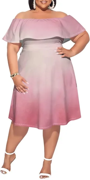 Plus Size Dresses for Curvy Women 2024 Summer One Shoulder Fade Color Short Sleeve Sexy Midi Dress